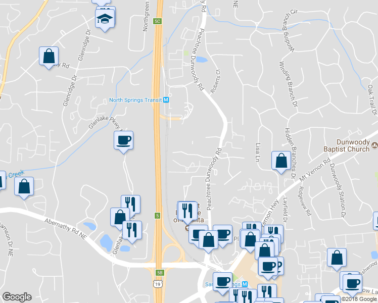 map of restaurants, bars, coffee shops, grocery stores, and more near 219 Peachtree Hollow Court Northeast in Atlanta