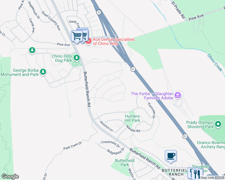 map of restaurants, bars, coffee shops, grocery stores, and more near 5960 Nisa Drive in Chino Hills