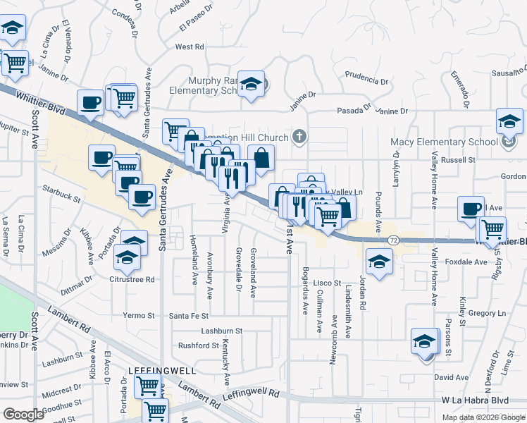 map of restaurants, bars, coffee shops, grocery stores, and more near 16065 Gables Loop in Whittier