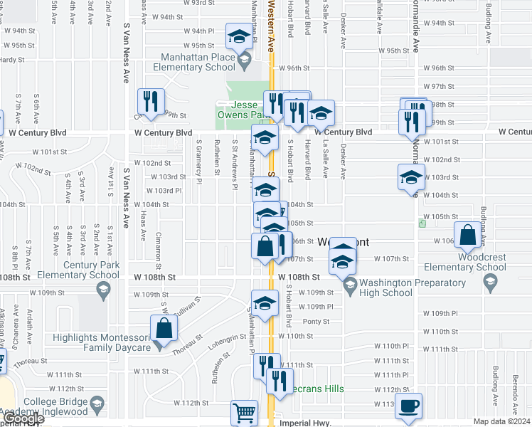 map of restaurants, bars, coffee shops, grocery stores, and more near 10411 South Western Avenue in Los Angeles