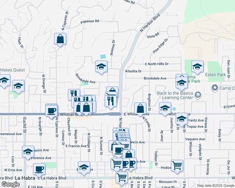 map of restaurants, bars, coffee shops, grocery stores, and more near 1001 North Harbor Boulevard in La Habra
