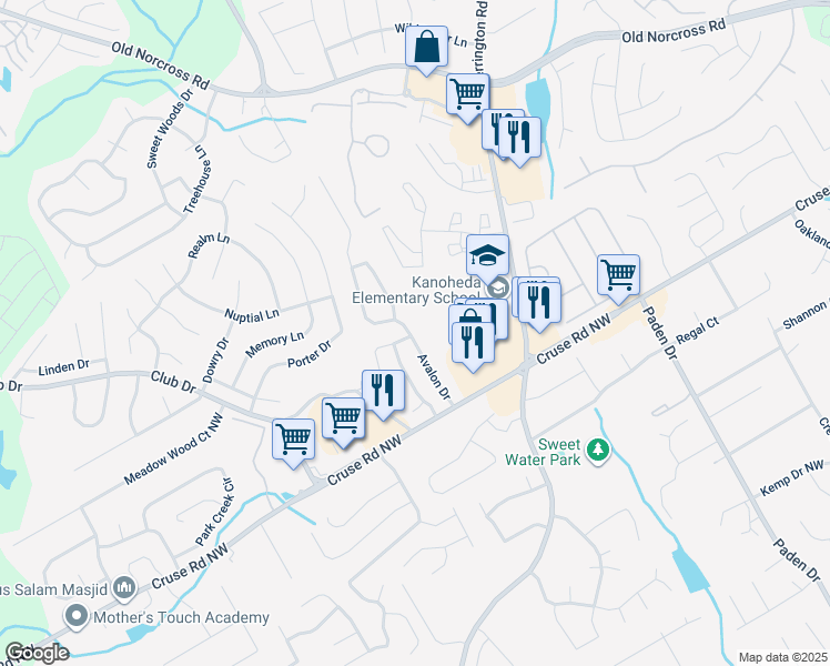 map of restaurants, bars, coffee shops, grocery stores, and more near 1035 Avalon Drive in Lawrenceville