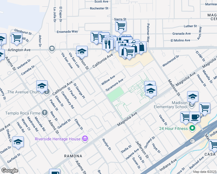 map of restaurants, bars, coffee shops, grocery stores, and more near 7859 Sycamore Avenue in Riverside