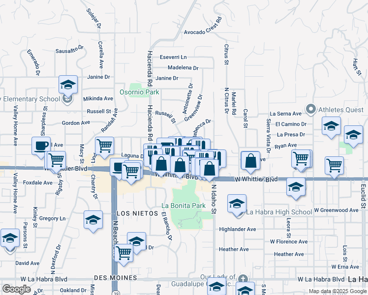 map of restaurants, bars, coffee shops, grocery stores, and more near 981 Russell Street in La Habra
