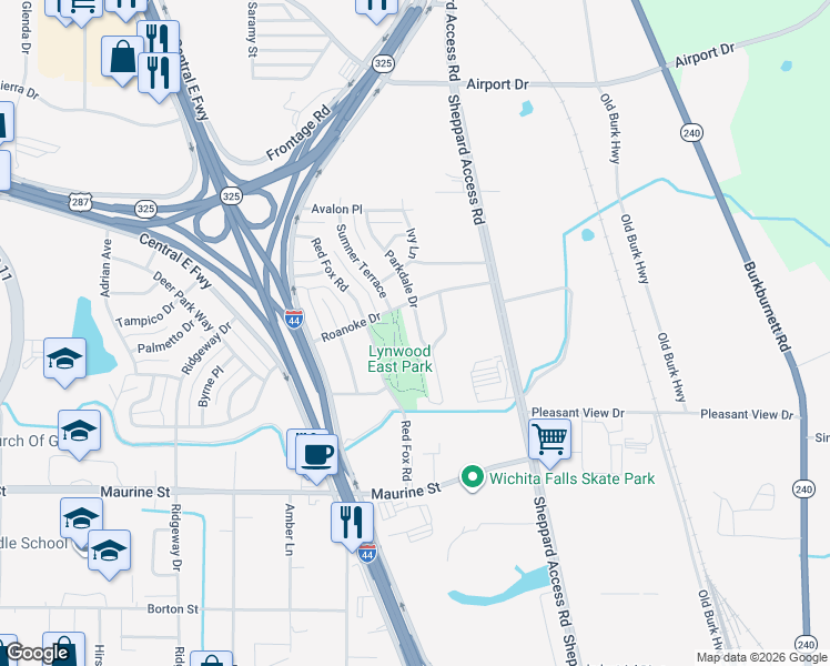 map of restaurants, bars, coffee shops, grocery stores, and more near 1511 Parkdale Drive in Wichita Falls