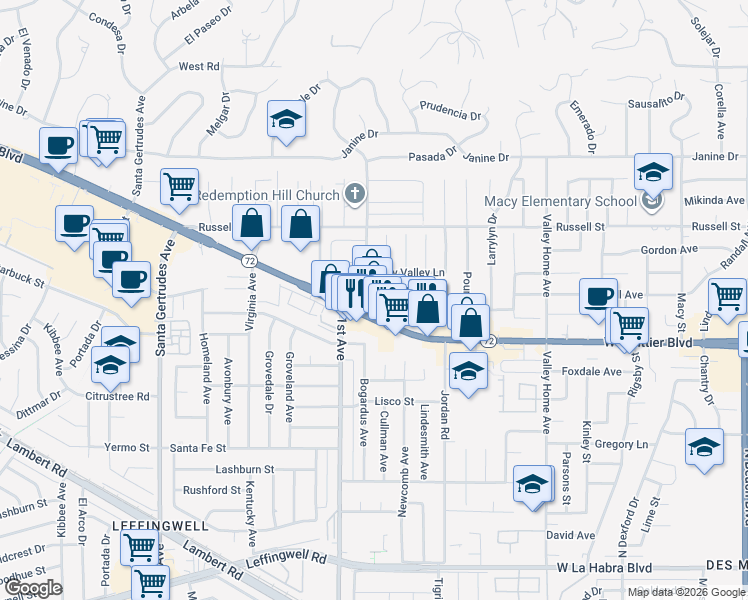 map of restaurants, bars, coffee shops, grocery stores, and more near 10432 Bogardus Avenue in Whittier