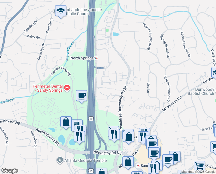 map of restaurants, bars, coffee shops, grocery stores, and more near 6850 Peachtree Dunwoody Road in Atlanta
