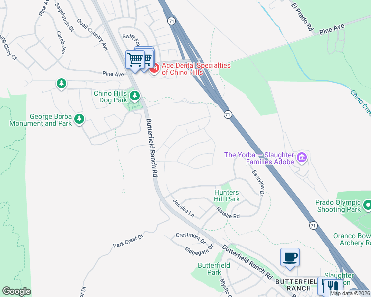 map of restaurants, bars, coffee shops, grocery stores, and more near 5960 Nisa Drive in Chino Hills