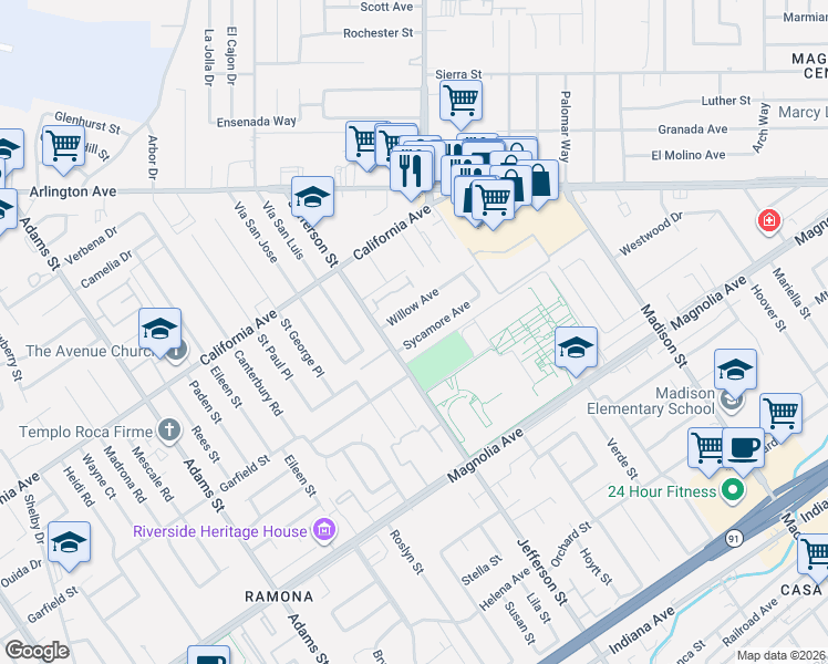 map of restaurants, bars, coffee shops, grocery stores, and more near 7859 Sycamore Avenue in Riverside