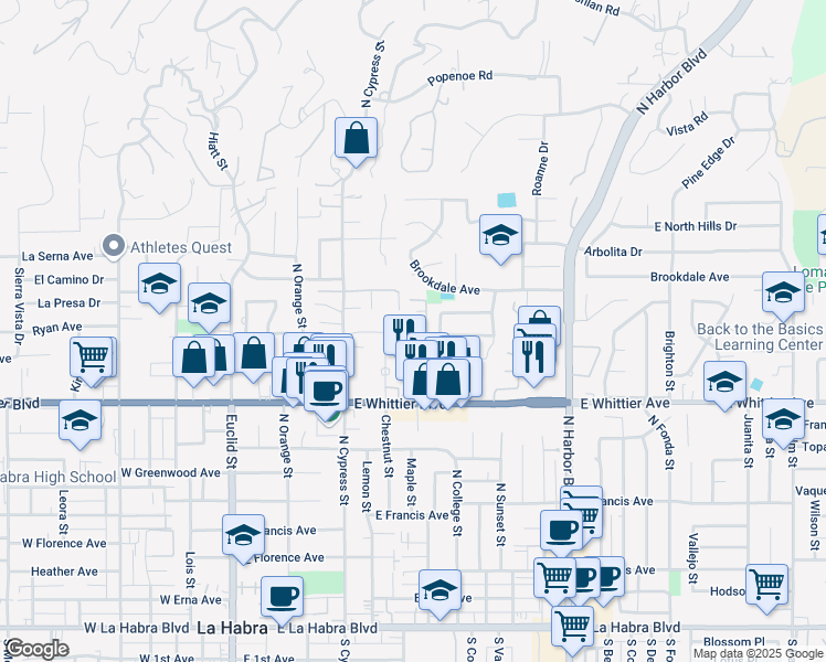 map of restaurants, bars, coffee shops, grocery stores, and more near 1041 East Hensel Drive in La Habra