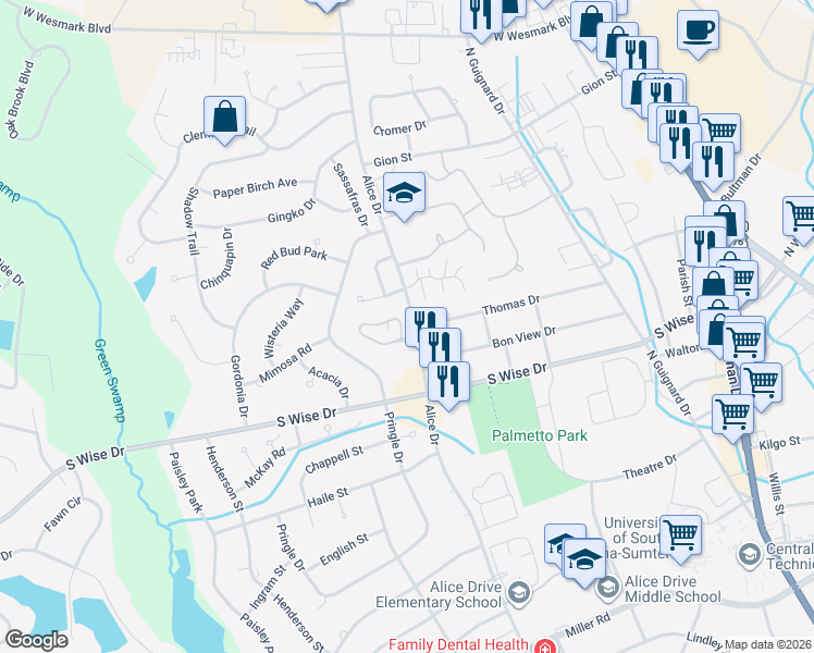 map of restaurants, bars, coffee shops, grocery stores, and more near 2266 Graystone Drive in Sumter