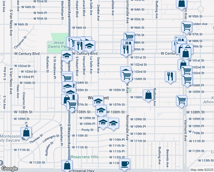 map of restaurants, bars, coffee shops, grocery stores, and more near 1525 West 105th Street in Los Angeles