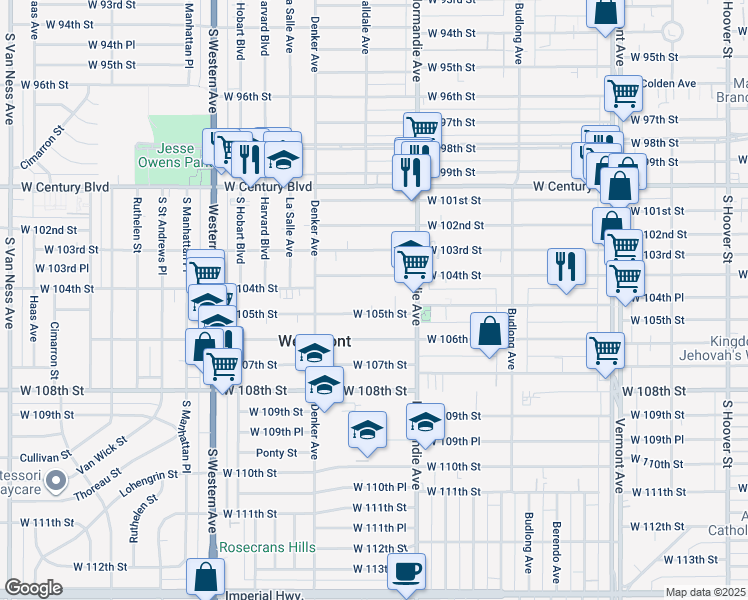 map of restaurants, bars, coffee shops, grocery stores, and more near 1451 West 105th Street in Los Angeles