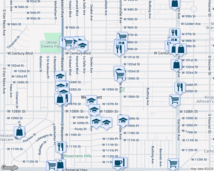 map of restaurants, bars, coffee shops, grocery stores, and more near 1455 West 105th Street in Los Angeles