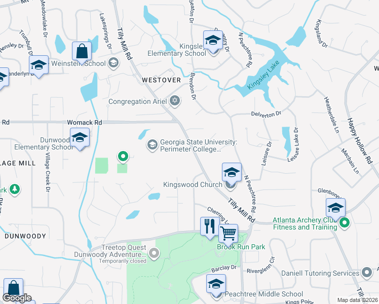 map of restaurants, bars, coffee shops, grocery stores, and more near 5141 Tilly Mill Road in Dunwoody
