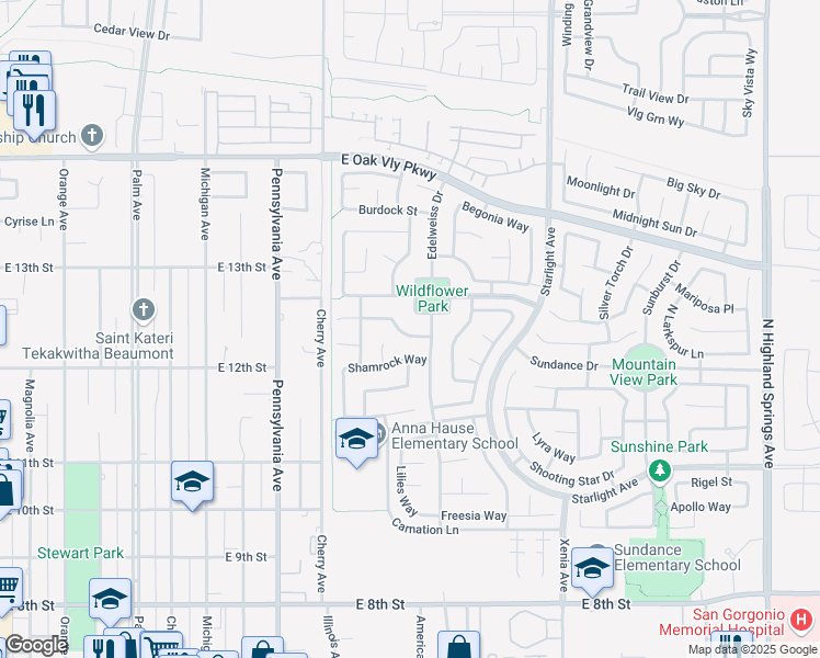 map of restaurants, bars, coffee shops, grocery stores, and more near 1372 Quince Street in Beaumont