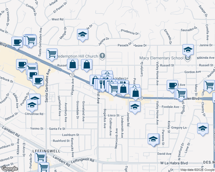 map of restaurants, bars, coffee shops, grocery stores, and more near 10432 Bogardus Avenue in Whittier