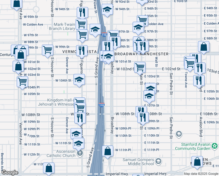 map of restaurants, bars, coffee shops, grocery stores, and more near 10415 South Broadway in Los Angeles