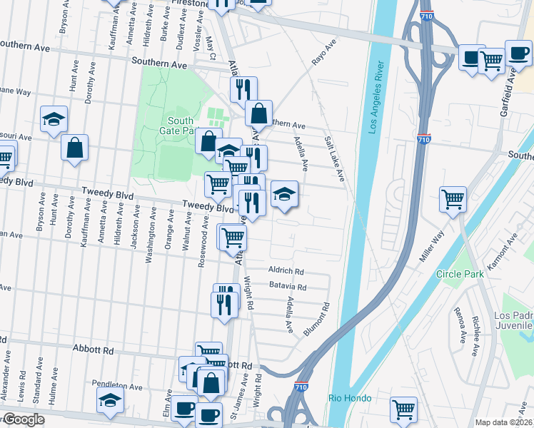 map of restaurants, bars, coffee shops, grocery stores, and more near 5137 Tweedy Boulevard in South Gate