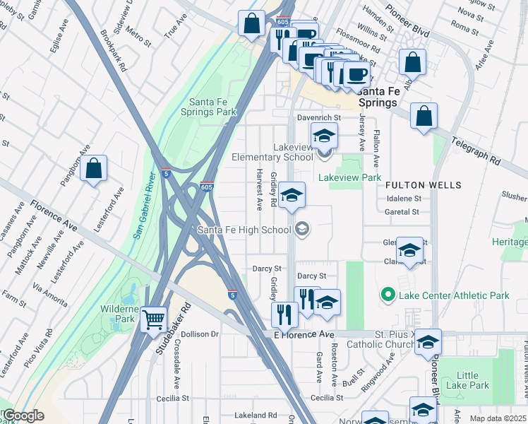 map of restaurants, bars, coffee shops, grocery stores, and more near 10350 Harvest Avenue in Santa Fe Springs