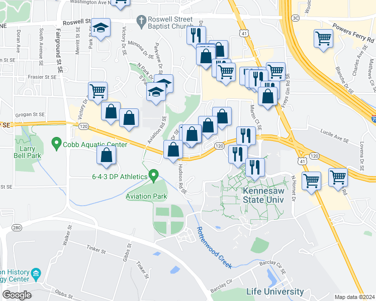map of restaurants, bars, coffee shops, grocery stores, and more near 949 South Marietta Parkway Southeast in Marietta