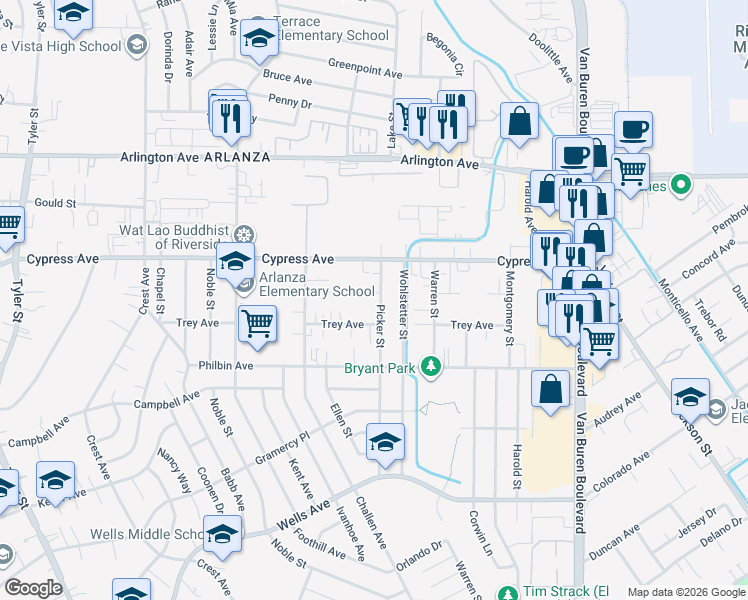 map of restaurants, bars, coffee shops, grocery stores, and more near 5894 Picker Street in Riverside