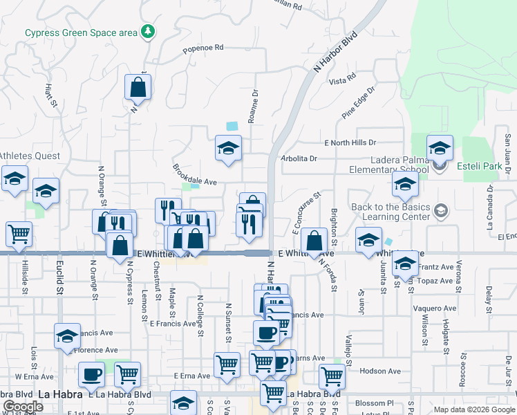 map of restaurants, bars, coffee shops, grocery stores, and more near 1001 North Harbor Boulevard in La Habra