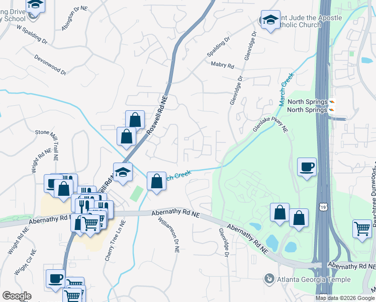 map of restaurants, bars, coffee shops, grocery stores, and more near 6967 Roswell Road Northeast in Sandy Springs