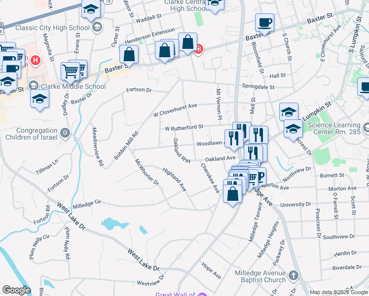map of restaurants, bars, coffee shops, grocery stores, and more near 470 Woodlawn Avenue in Athens