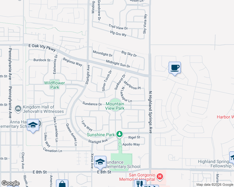 map of restaurants, bars, coffee shops, grocery stores, and more near 1256 Sunburst Drive in Beaumont