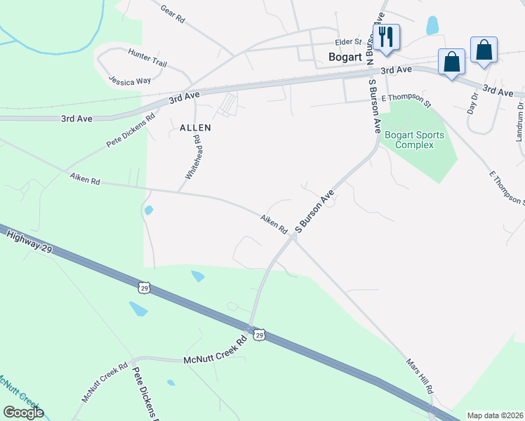 map of restaurants, bars, coffee shops, grocery stores, and more near 235 Pineridge Road in Bogart