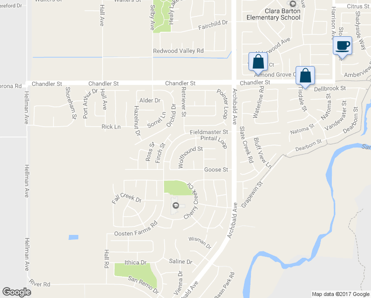 map of restaurants, bars, coffee shops, grocery stores, and more near 14354 Wolfhound Street in Corona