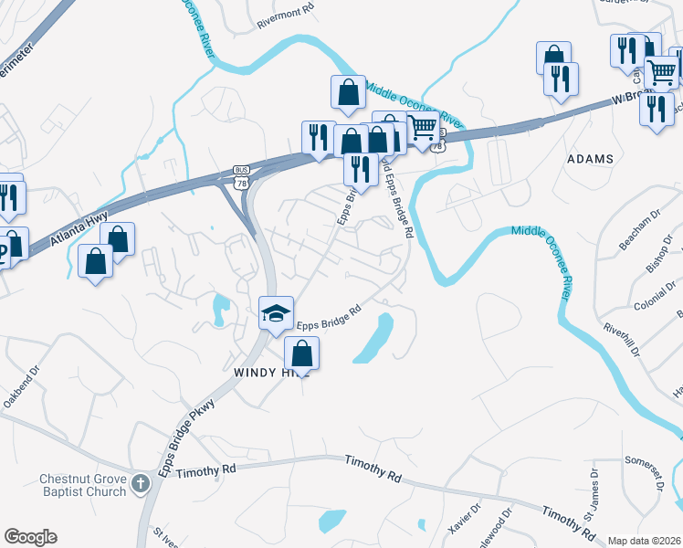 map of restaurants, bars, coffee shops, grocery stores, and more near 140 Tamara Court in Athens