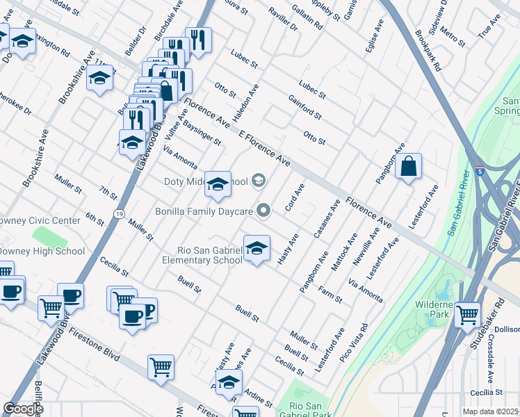 map of restaurants, bars, coffee shops, grocery stores, and more near 9308 Via Amorita in Downey