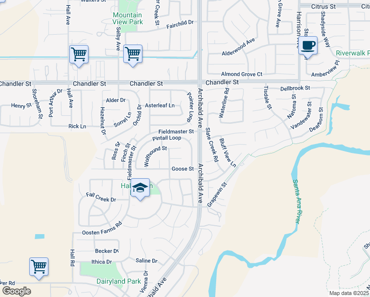 map of restaurants, bars, coffee shops, grocery stores, and more near 14253 Wolfhound Street in Corona