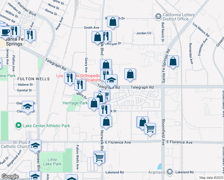 map of restaurants, bars, coffee shops, grocery stores, and more near in Santa Fe Springs