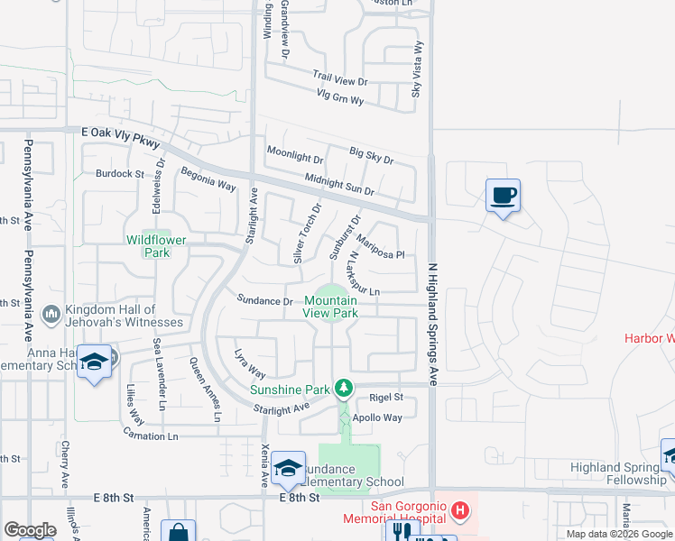 map of restaurants, bars, coffee shops, grocery stores, and more near 1256 Sunburst Drive in Beaumont