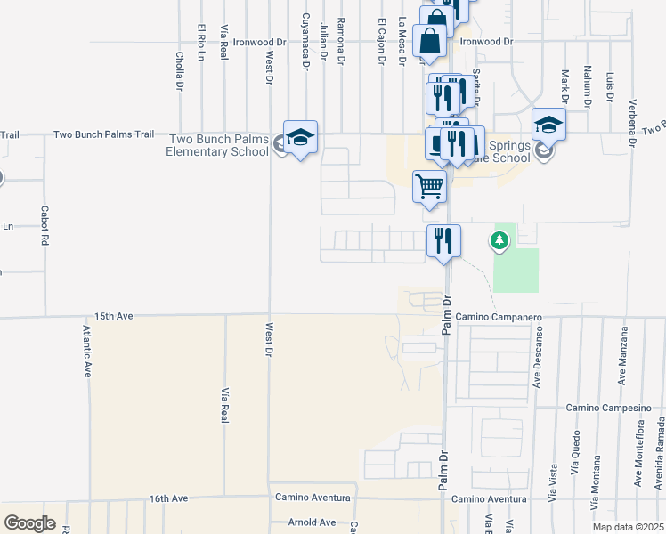map of restaurants, bars, coffee shops, grocery stores, and more near 14777 Palm Drive in Desert Hot Springs