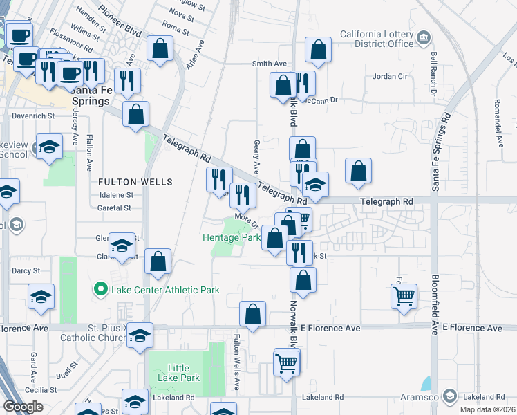 map of restaurants, bars, coffee shops, grocery stores, and more near 10350 Heritage Park Drive in Santa Fe Springs