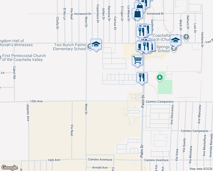 map of restaurants, bars, coffee shops, grocery stores, and more near 14777 Palm Drive in Desert Hot Springs