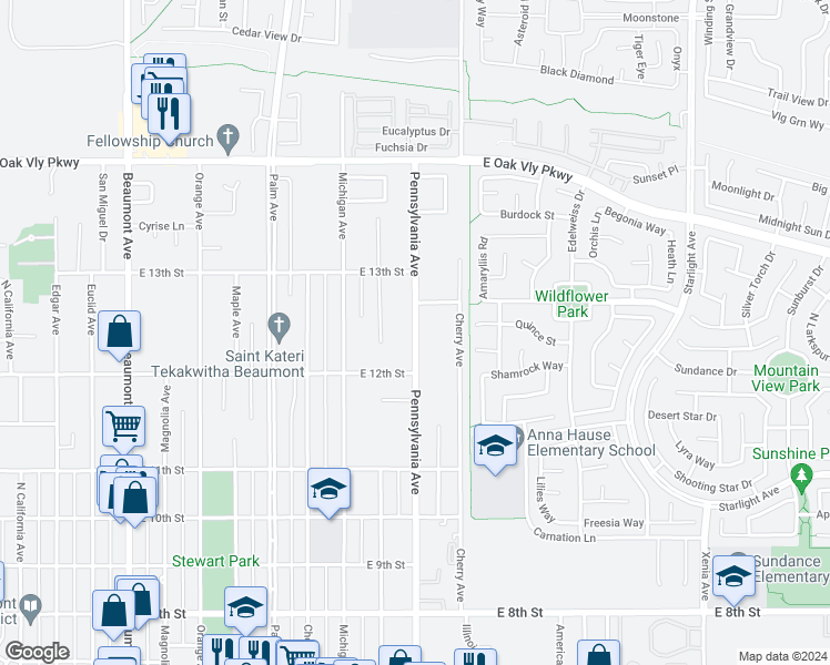 map of restaurants, bars, coffee shops, grocery stores, and more near 1250 Pennsylvania Avenue in Beaumont