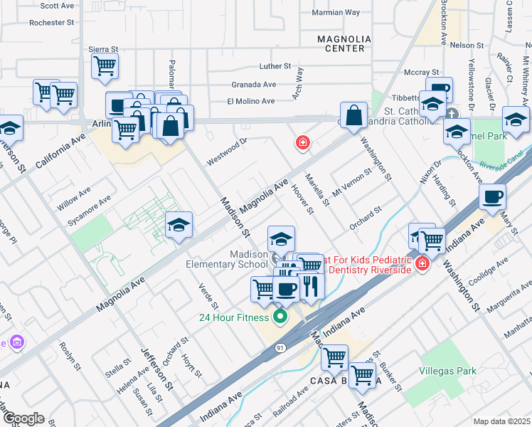 map of restaurants, bars, coffee shops, grocery stores, and more near 7448 Magnolia Avenue in Riverside