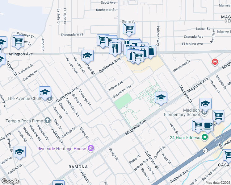 map of restaurants, bars, coffee shops, grocery stores, and more near 7823 Sycamore Avenue in Riverside