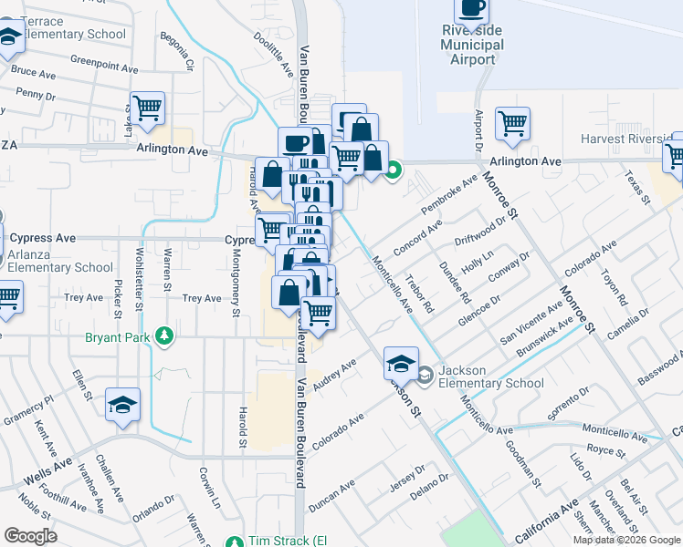 map of restaurants, bars, coffee shops, grocery stores, and more near 4879 Jackson Street in Riverside