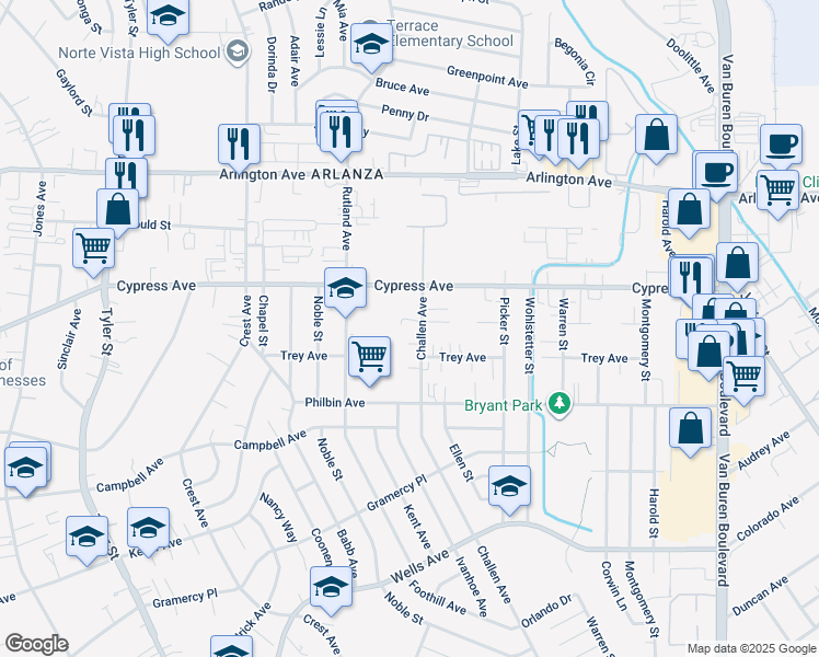 map of restaurants, bars, coffee shops, grocery stores, and more near 5932 Challen Avenue in Riverside