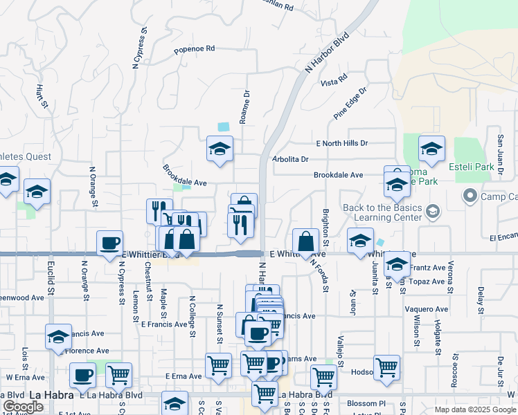 map of restaurants, bars, coffee shops, grocery stores, and more near 1050 North Harbor Boulevard in La Habra