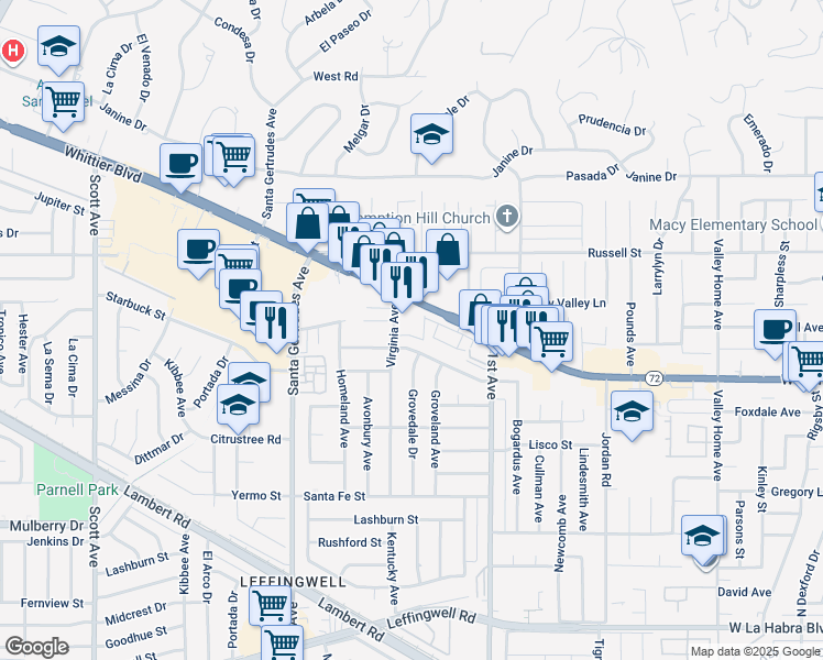 map of restaurants, bars, coffee shops, grocery stores, and more near 10426 Virginia Avenue in Whittier