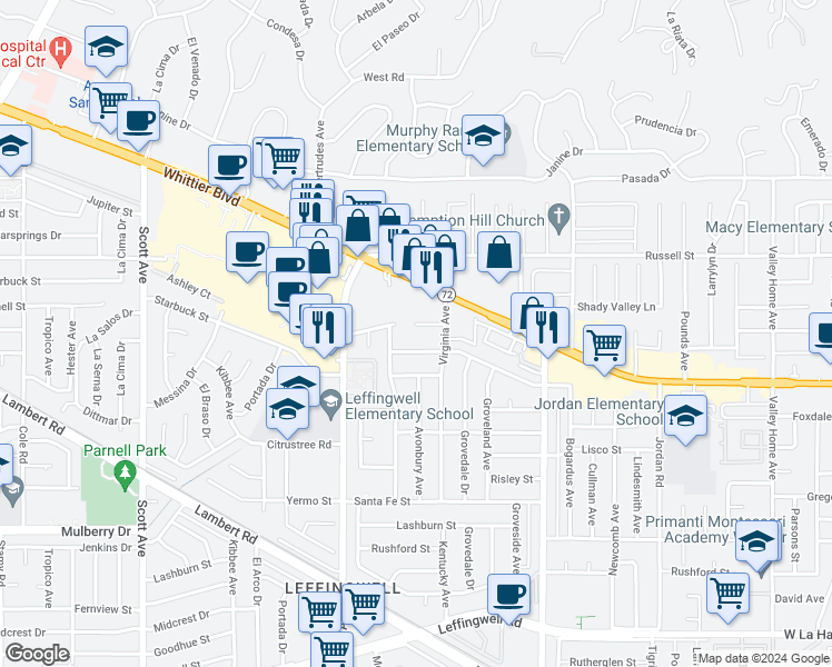 map of restaurants, bars, coffee shops, grocery stores, and more near 15915 La Forge Street in Whittier