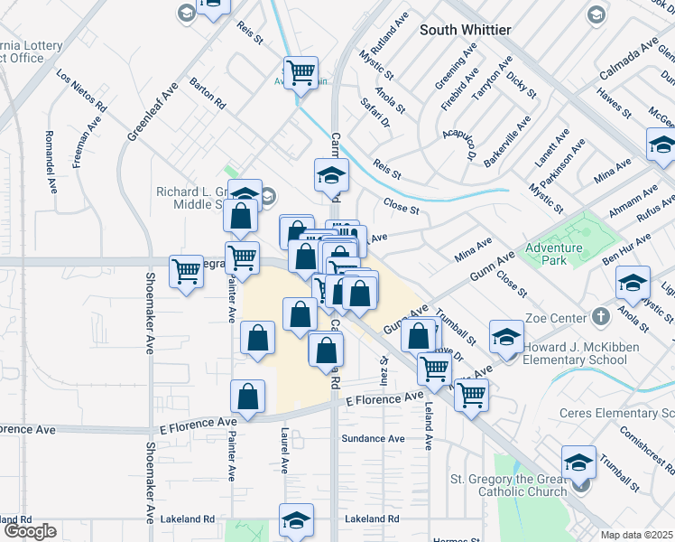 map of restaurants, bars, coffee shops, grocery stores, and more near 10081 Carmenita Road in Whittier