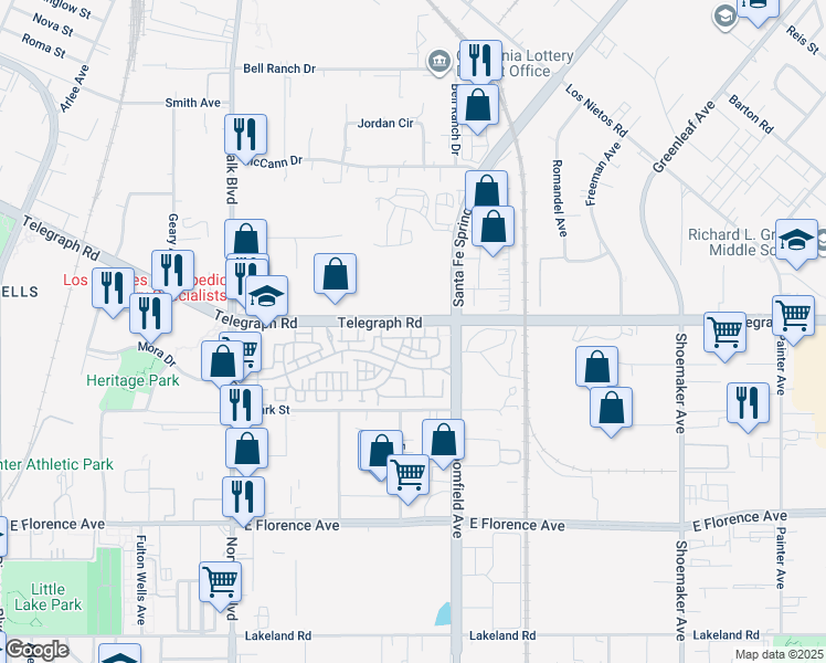 map of restaurants, bars, coffee shops, grocery stores, and more near in Santa Fe Springs